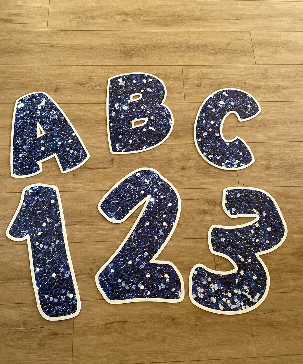 blue letters and numbers